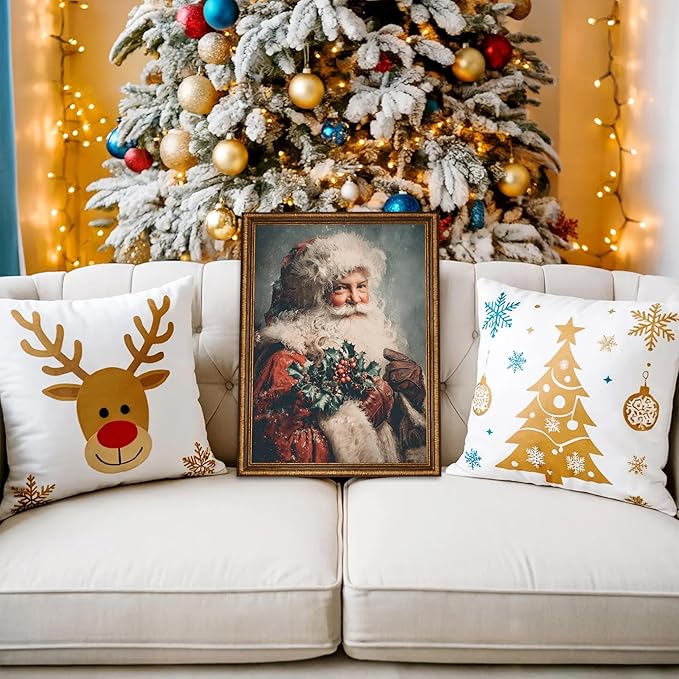 TracyArt Vintage Christmas Decor, Santa Claus with Sprig of Holly Artwork - Christmas Decorations, Unframed 13" x 17"