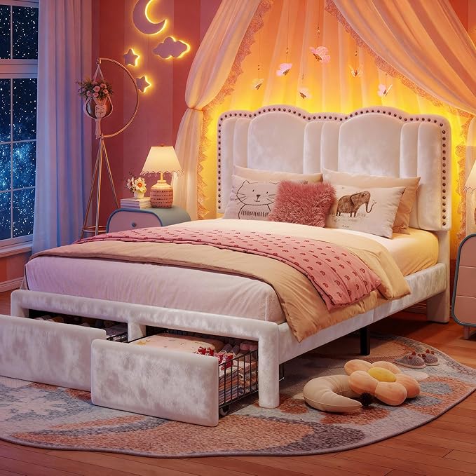 EnHomee Full Size Bed Frame with LED, Velvet Upholstered Headboard and 2 Drawers, Platform Bed Frame with Height Adjustable Headboard, Strong Support, No Box Spring Needed, Easy Assembly, Cream