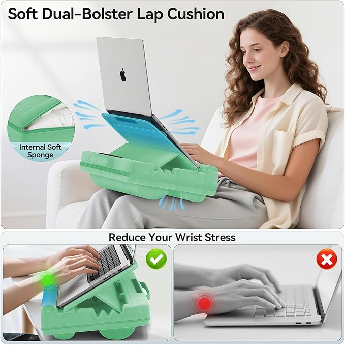 Laptop Lap Desk with Cushion, Adjustable Lap Desk Pillow with Storage, Portable Lap Table for Adults Student, Laptop Stand for Bed Office College Dorm Home Room Couch, Fit Up to 14.9" PC Tablet, Green