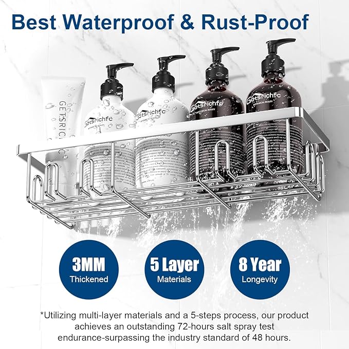 2025 New Adhesive Shower Caddy, Shower Shelves with 16 Hooks, Silvery 2 Pack