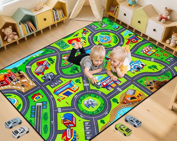 Road Car Rug, 4x6 Ft City Road Rug for Kids, Extra Thick (0.4in) Kids Floor Play Mat and Car Carpet with Realistic Colors - Perfect for Children, Soft and Non-Slip for Playroom and Bedroom
