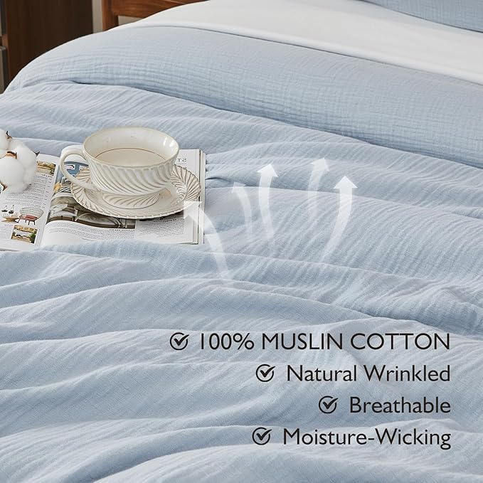 EMME Muslin Cotton Duvet Cover Set Blue King Size Linen Like Soft Breathable Lightweight Summer Comforter Cover Set with Zipper Closure (Blue, King, 104"x90")