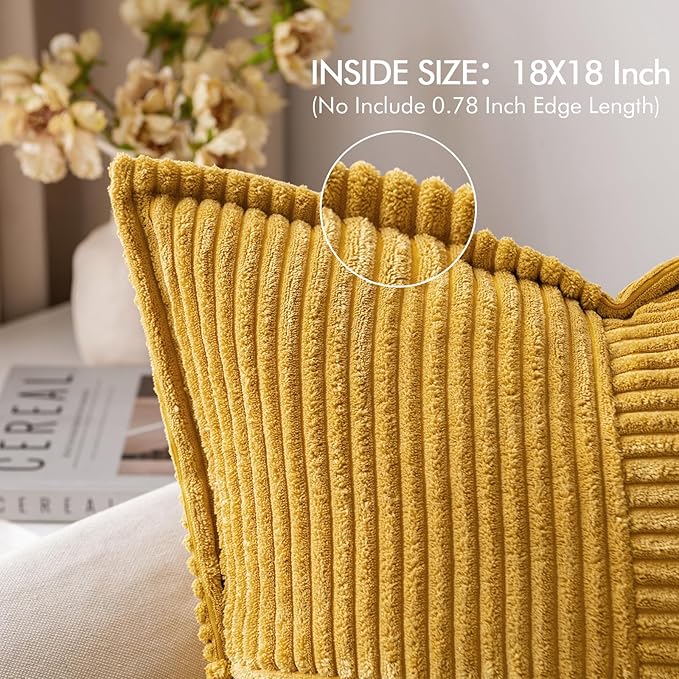 MIULEE Decorative Throw Pillow Covers for Couch Bed Livingroom 18x18 Inch Set of 2 Fall Mustard Yellow Boho Accent Throw Pllows Broadside Striped Patchwork Soft Corduroy Pillowcases
