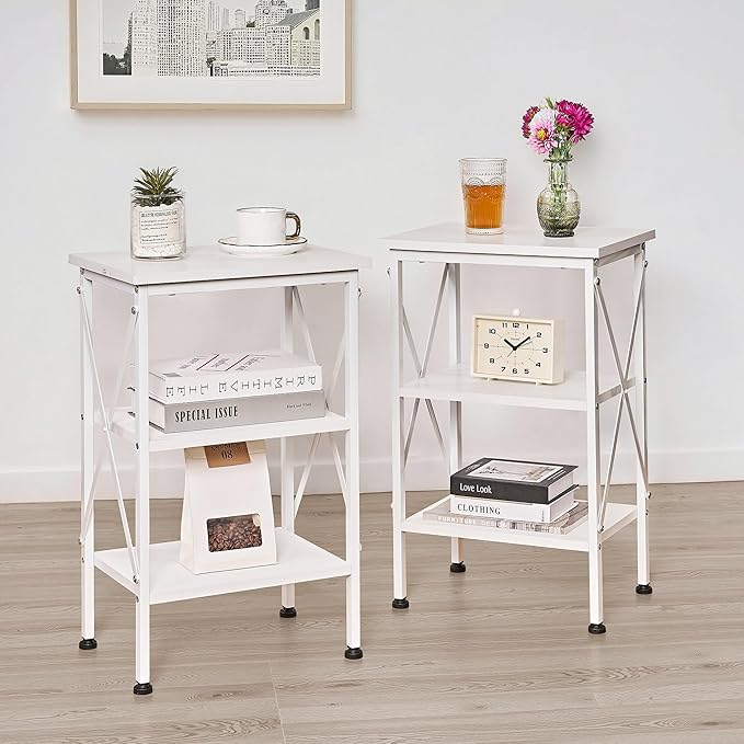 VECELO End Table Set of 2, Bedside Table, 24" Tall Living Room End Tables, X-Design Reinforced Nightstands, Side Table with 3-Tier Storage Shelves for Small Spaces, Office, Bedroom, Pearl White