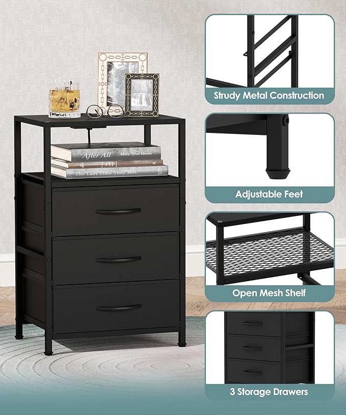 End Table with Charging Station, 11" D x 15" W Night Stand with LED Light, Nightstand with Fabric Drawers, Bedside Table with Open Shelf, Side Table for Bedroom, Living Room, Black