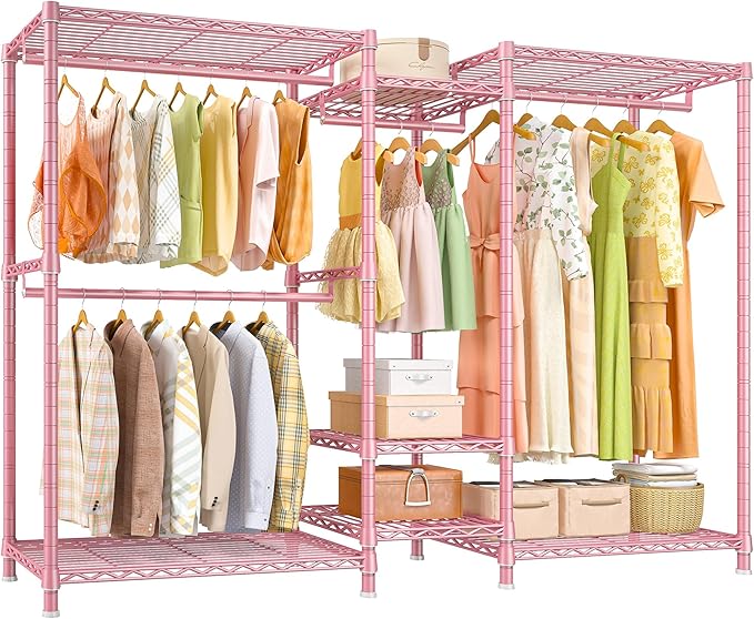 Raybee Clothes Rack Heavy Duty Clothing Racks for Hanging Clothes Adjustable Wardrobe Closet Hanging Clothes Rack Garment Rack, Pink, 13.9" D x 70.6" W x 77" H