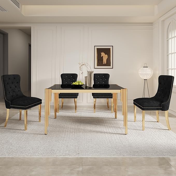 5 Piece Glass Dining Table Set, Morden Kitchen Table Set for 4 with 51" Black Glass Dining Table and 4 Black Velvet Upholstered Chairs for Kitchen, Gold Legs