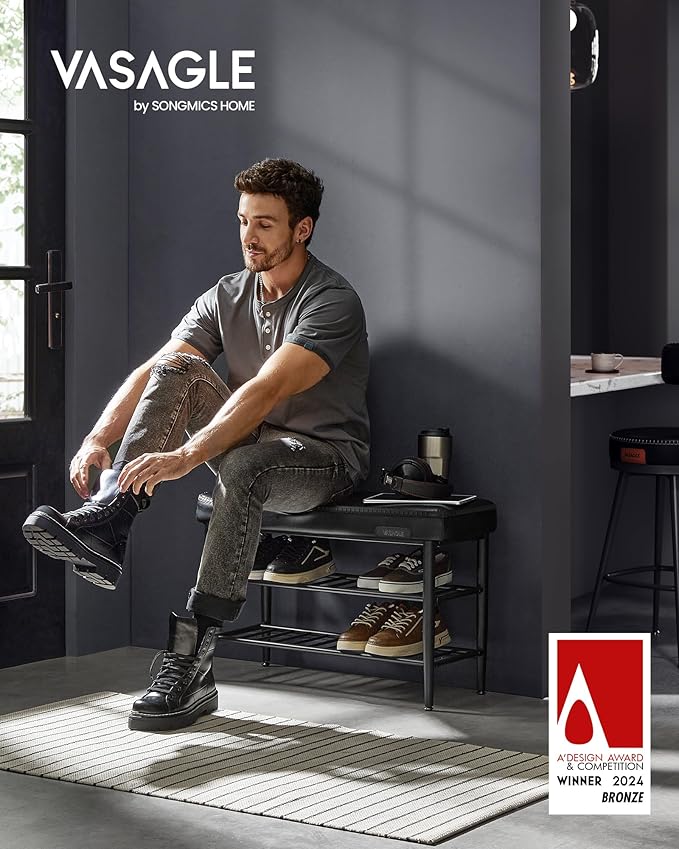 VASAGLE EKHO Collection - Shoe Rack Bench, Storage Bench for Entryway, Synthetic Leather with Stitching, Mid-Century Modern, Loads 300 lb, 11.8 x 31.5 x 19.7 Inches, Ink Black ULSB054B01