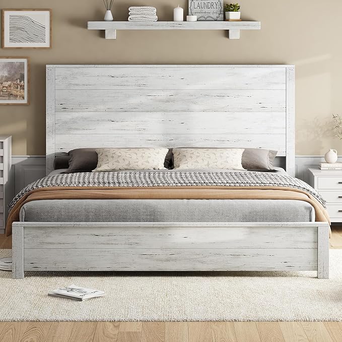 AMERLIFE King Size 51.2" Wood Bed Frame, Rustic Platform Bed with Spliced Headboard, Wood Slats Support/No Box Spring Needed/Noiseless/Antique White