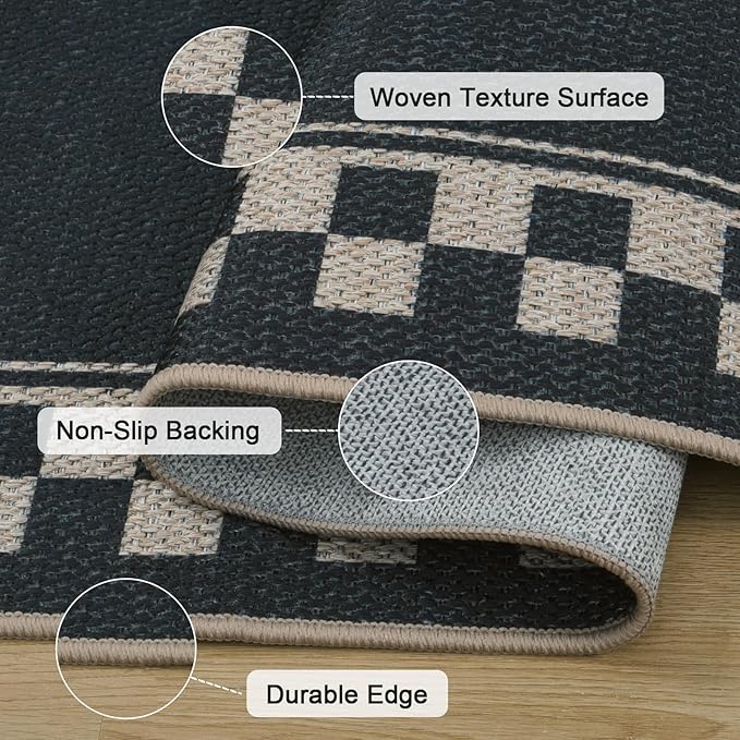 OJIA Easy Jute 5x7 Area Rugs, Washable Outdoor Patio Rug for Living Room Checkered Border Indoor Outdoor Rugs Farmhouse Non-Slip Black Carpet Geometric Rug for Backyard Entryway Dining Room