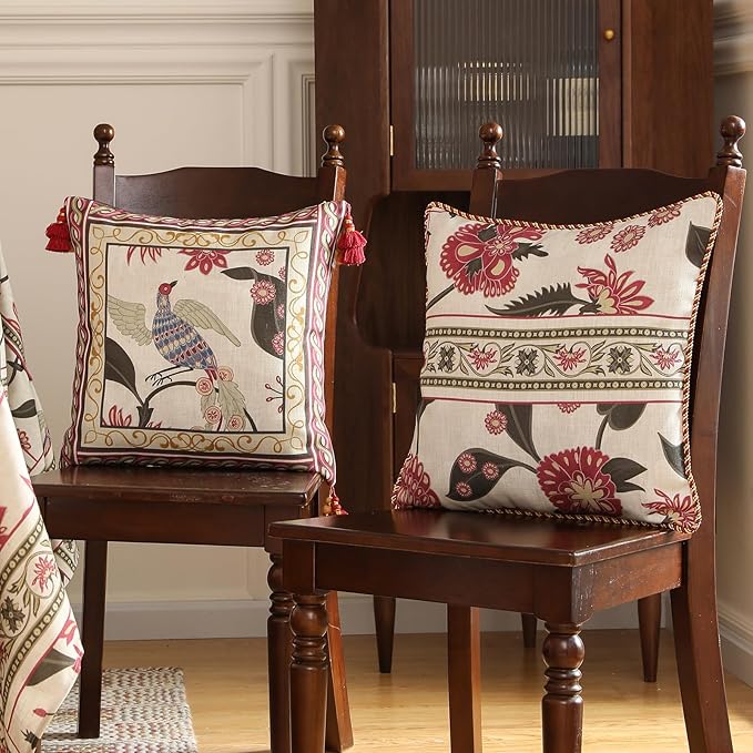 patdrea Designer Throw Pillow Covers 18X18 Inches,Vintage Red Linen Pillowcases with Leaves and Flower Pattern Pillows Cover for Couch,Decorative Square Cushion for Living Room Outdoor,Set of 2