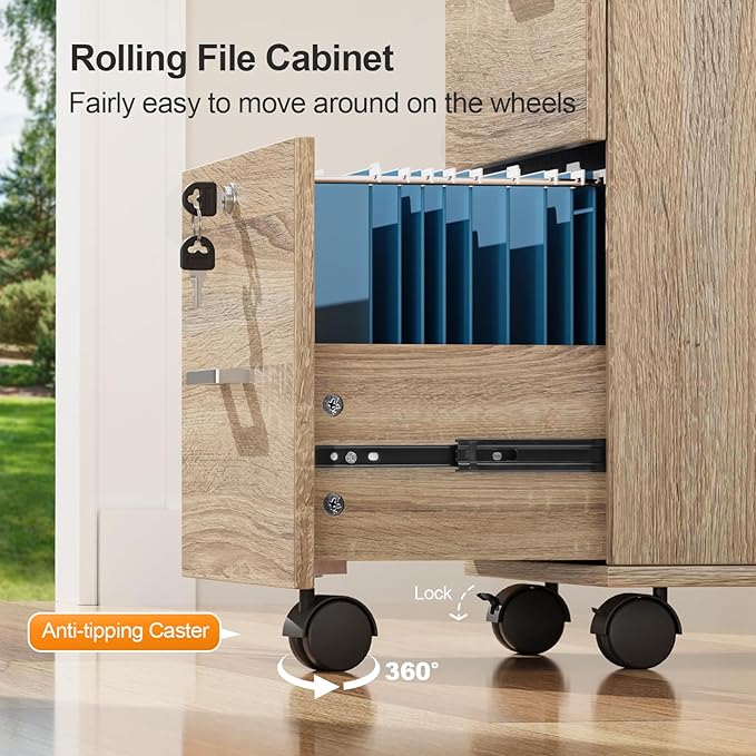 VINGLI 3-Drawer File Cabinet with Lock, Wood Rolling Filing Cabinets for Home Office, Mobile Printer Stand, Under Desk File Organizer for Letter Sized Files, 26" H(Caster Included), Oak