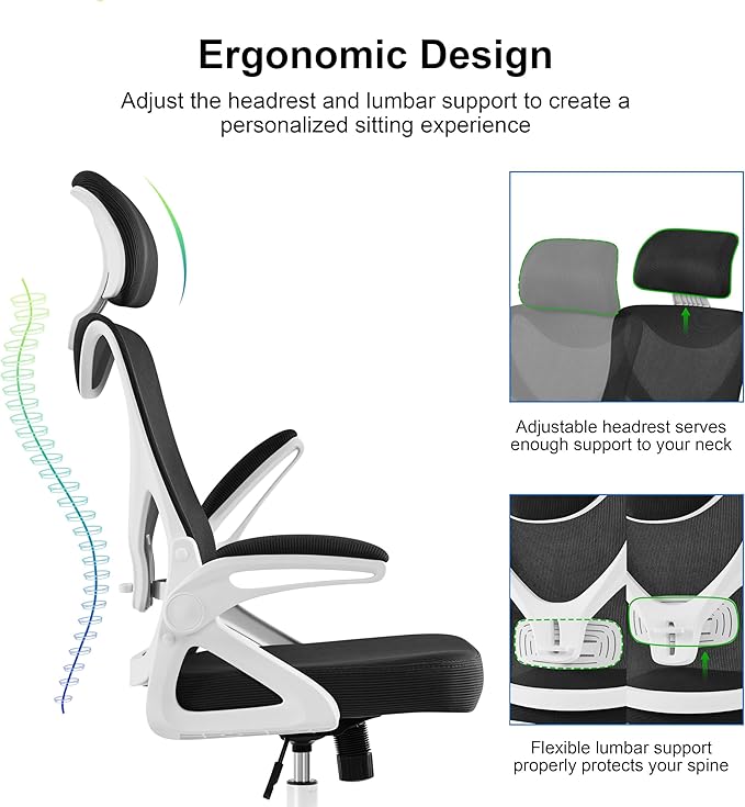 Yaheetech Ergonomic Mesh Office Chair, High Back Desk Chair with with flip-up Armrests, Adjustable Padded Headrest Computer Chair with Lumbar Support for Home Oiffce Game Room, White/Black