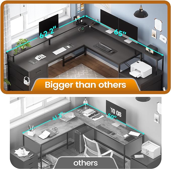 SEDETA L Shaped Desk with 6 Drawer, 108" Home Office Desk with File Drawer & Power Outlet, Corner Computer Desk with Monitor Shelf, File Cabinet, Two Person Desk, Gaming Desk with Led Lights, Black