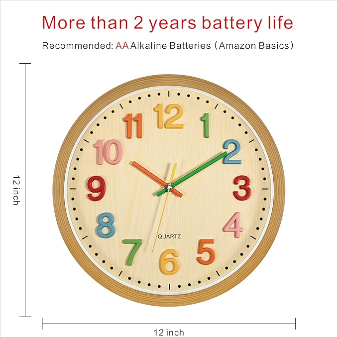Foxtop Silent Kids Wall Clock Non-Ticking Battery Operated Colorful Childrens Clock for Classroom Playroom Nursery Bedrooms Kids Room (3D Numbers, 12 inch)