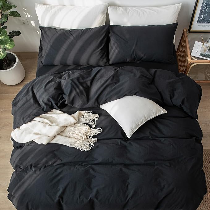 MooMee Bedding Duvet Cover Set 100% Washed Cotton Linen Like Textured Breathable Durable Soft Comfy (Solid Black, Super King Plus 120"x120")