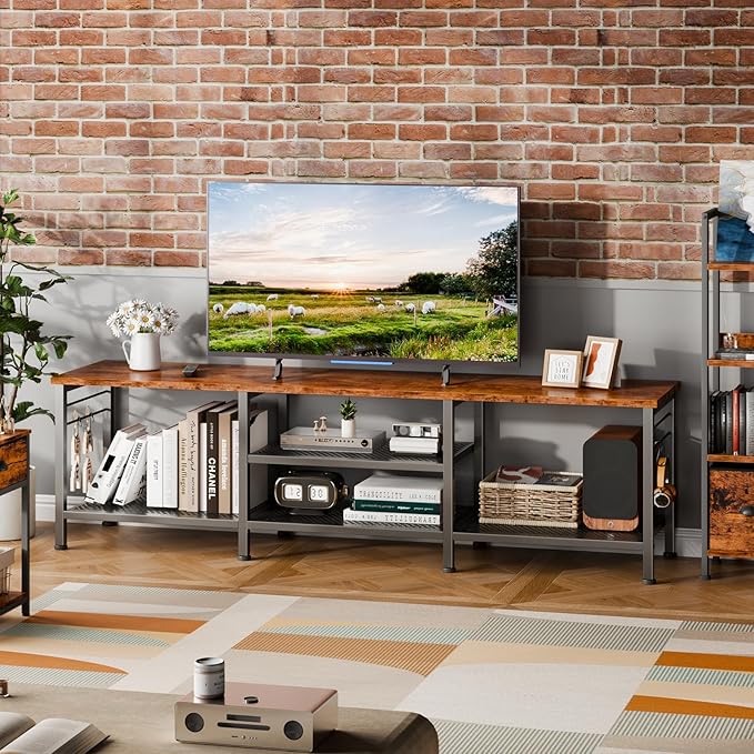 Furologee TV Stand for TVs up to 70 Inch, 63 Inch Entertainment Center with Open Storage Shelves, Television Stands with Soundbar Shelf for Living Room, Bedroom, Rustic Brown