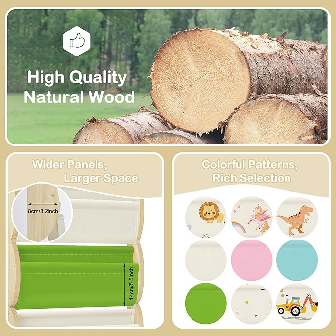 Wooden Wall Mounted Bookshelf for Kids Rooms, 4 Tier Floating Nursery Book Shelf, Kids Bookshelf with 2 Pockets, Toddler Sling Book Rack with Deep Sleeves (Green)