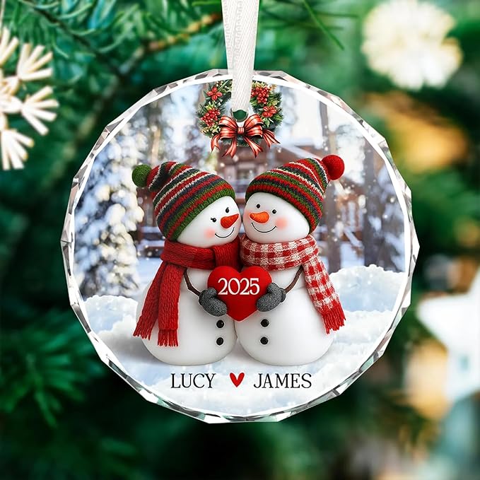 NAZENTI Personalized Snowman Couple Ornament 2025, Custom Glass Christmas Ornaments with Names, Snowman Lovers Holiday Decoration, Romantic Gift for Couples Newlyweds Keepsake 02