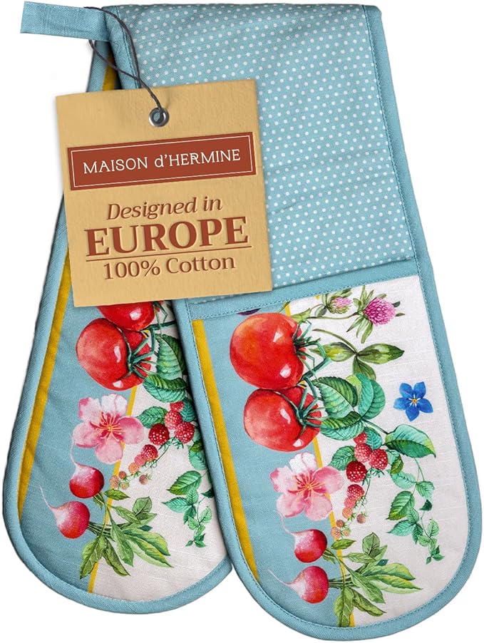 Maison d' Hermine Double Oven Mitts 100% Cotton 7"x35" Double Oven Mitt Heat Resistant BBQ Cooking Gloves with Loop, Baking, Grilling, Home, Kitchen, Handling Hot Pans Spring Summer (Giverny)