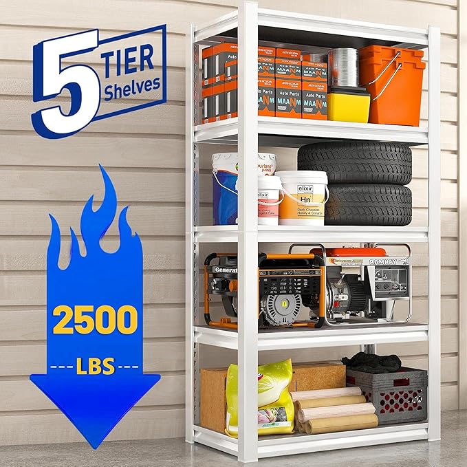 REIBII Storage Shelves 2500LBS Metal Shelving Adjustable Garage Shelving 5 Tier Metal Shelves 60" H White Shelves for Closet Kitchen Pantry 24.4''W X 16.4''D X 60''H