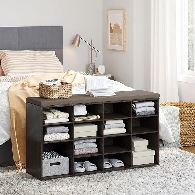 DINZI LVJ Shoe Storage Bench with Cushion, 14-Cubby Shoe Rack, Adjustable Shelves, Multifunctional Shoe Organizer Bench for Entryway, Mudroom, Hallway, Living Room, Bedroom and Garage, Espresso