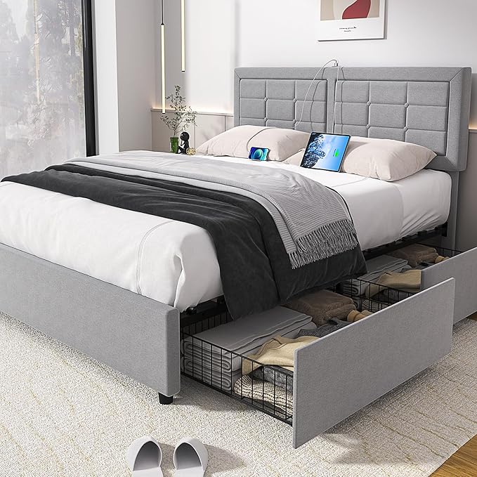 VECELO Full Size Bed Frame with 4 Drawers, Adjustable Tufted Button Headboard, Upholstered Platform with Wood Slats Support, Built-in USB and Type C Ports, Light Grey