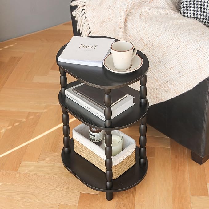 MaxSmeo Black Side Table, 3-Tier Small Oval End Table, Modern Night Stand Wood Accent Table for Living Room, Bedroom, Black