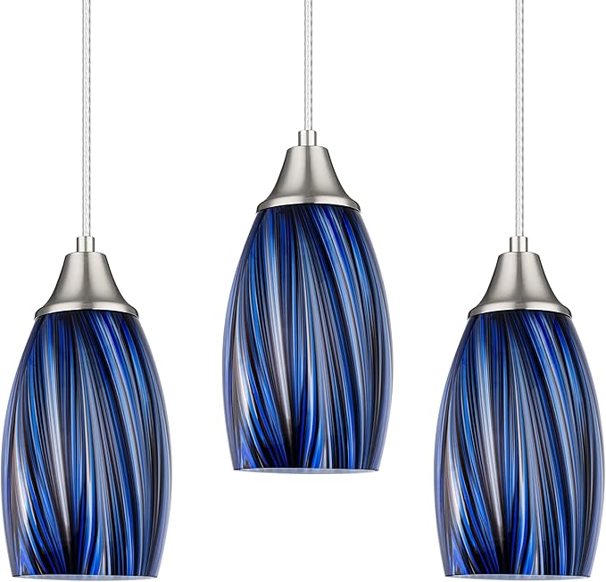 Dark Blue Glass Mini Pendant Lights for Kitchen Island 3Pack Blown Art Glass Pendant Lighting Shade Hanging Pendant Lights with Brushed Nickel Finish for Kitchen Over Sink,Dining Room