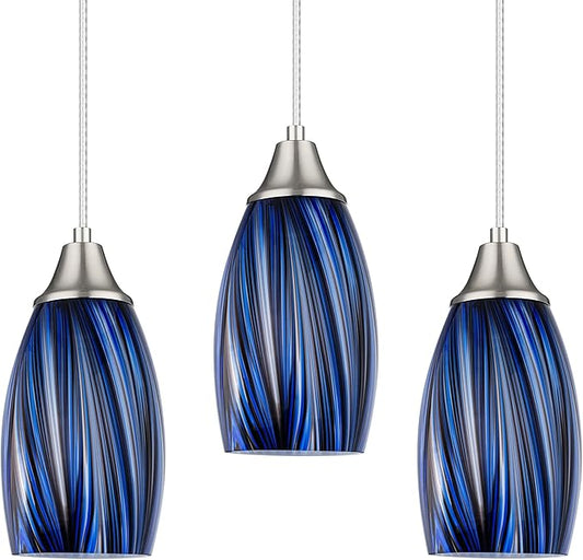 Dark Blue Glass Mini Pendant Lights for Kitchen Island 3Pack Blown Art Glass Pendant Lighting Shade Hanging Pendant Lights with Brushed Nickel Finish for Kitchen Over Sink,Dining Room