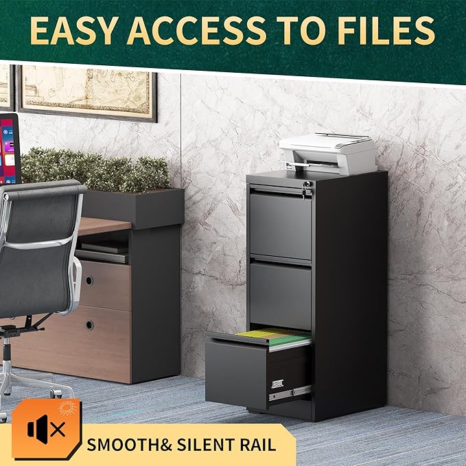 3 Drawer File Cabinet with Lock, Steel Vertical Filing Storage Cabinet for Home Office, Heavy-Duty File Cabinets for Letters/Legal/A4 (Require Assembly, Black)