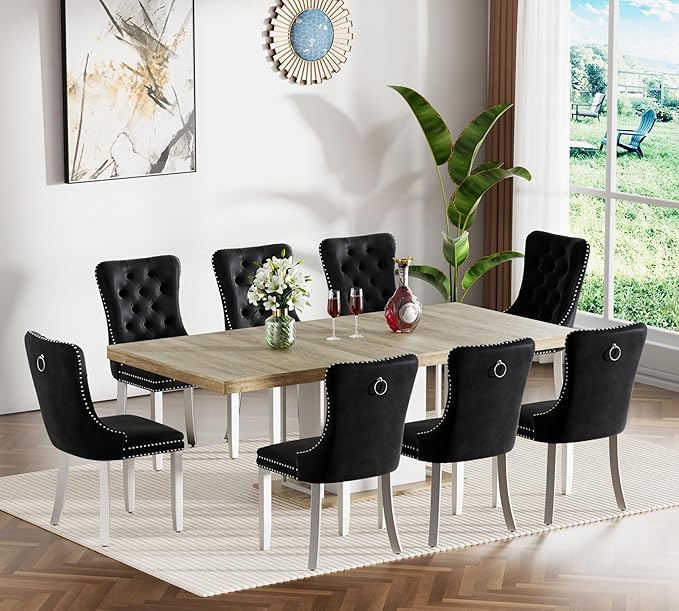 Goujxcy 78.7" Farmhouse Extendable Dining Room Table Set for 8, 9-Piece Rectangle Kitchen Dining Room Table Set with Wood Base and 8 Black Velvet Dining Chairs, Extending Kitchen & Dining Table Set