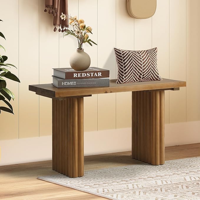 Solid Wood Entryway Bench - 31.5" Fluted Farmhouse Small Bench Indoor Dining Benches Seat Narrow for Entry Way, Kitchen, Living Room and Bedroom, Brown