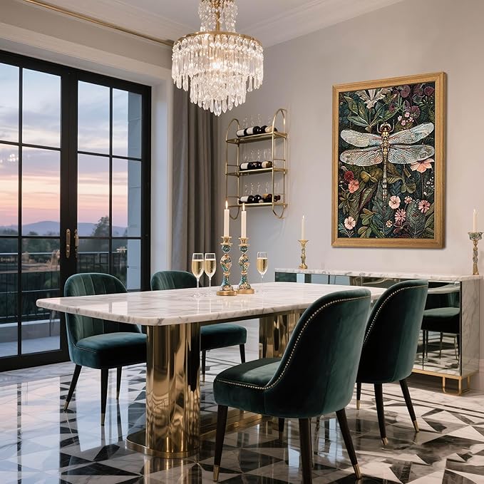 Framed Vintage 3D Textured Wall Art - Dark Green Dragonfly Flowers Wall Decor - Hand Drawn Sandstone Nature Botanical Pictures for Living Room Bedroom Home Decor 24x36in