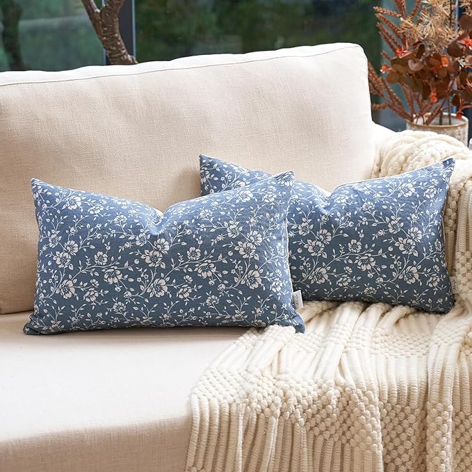 Alerfa Set of 2 Floral Lumbar Pillow Covers 12x20, Vintage Block Print Throw Pillow Covers Decorative Farmhouse Accent Couch Pillows for Living Room Bedroom, Blue