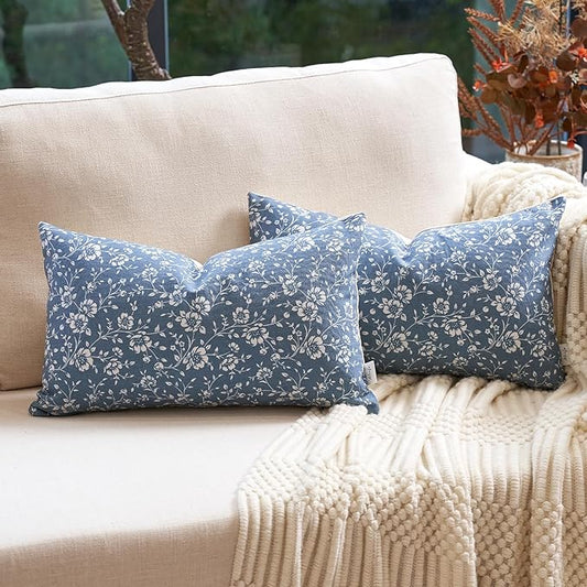 Alerfa Set of 2 Floral Lumbar Pillow Covers 12x20, Vintage Block Print Throw Pillow Covers Decorative Farmhouse Accent Couch Pillows for Living Room Bedroom, Blue