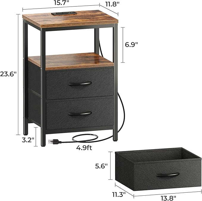 Huuger Nightstands Set of 2, End Tables with Charging Station, Side Tables with Fabric Drawers, Bedside Tables with USB Ports and Outlets, Night Stands for Bedroom, Rustic Brown and Black