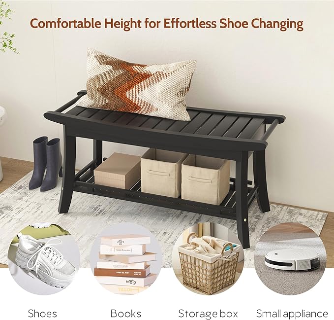 Bamboo Entryway Storage Bench with Shelves Shoe Rack Bench Seat Organizer for Porch Bedroom Bathroom Balcony 39 x 13 x 19.2 Inches Black