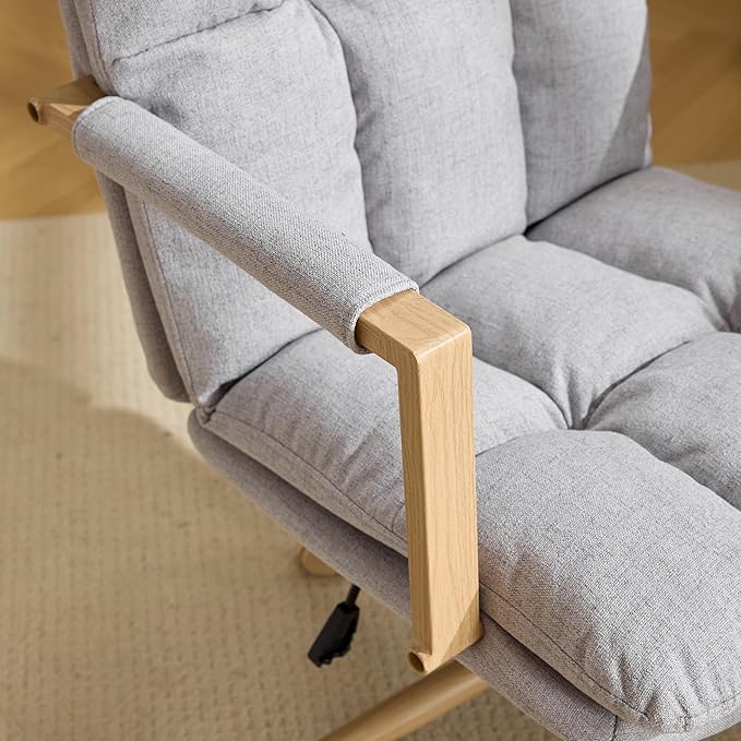 VINGLI Comfy Linen Office Desk Chair With Wheels &Detachable Cushions& Wood-like Armrests,Swivel Small Computer Task Chair,Adjustable for Girl Makeup Vanity,Teen/Kids Study,Nail Tech,Sewing,Light Grey