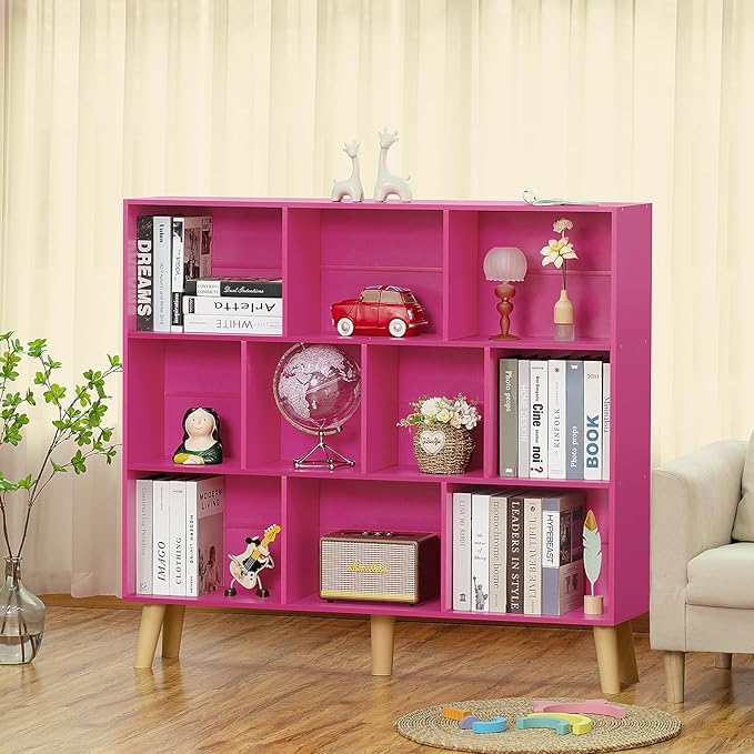LEYAOYAO 10 Cube Bookshelf,3 Tier Modern Wide Bookcase with Legs,Mid-Century Wood Bookshelves Storage，Pink Large Book Case,Freestanding Organizer Display Shelf for Bedroom,Living Room,Office