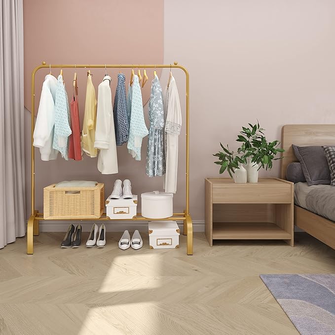 JIUYOTREE Metal 43.3 Inches Garment Rack with Bottom Shelf Clothing Rack for Hanging Clothes Coats Skirts Shirts Sweaters Gold