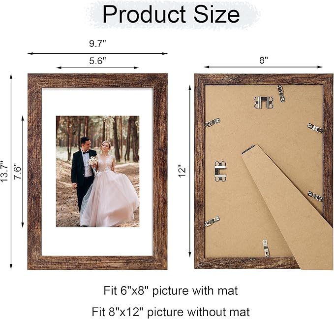 8x12 Picture Frame Set of 4 with High Definition Real Glass, Display 6x8 Pictures with Mat or 8 x 12 Without Mat, Rustic Photo Frames for Tabletop and Wall Mounting