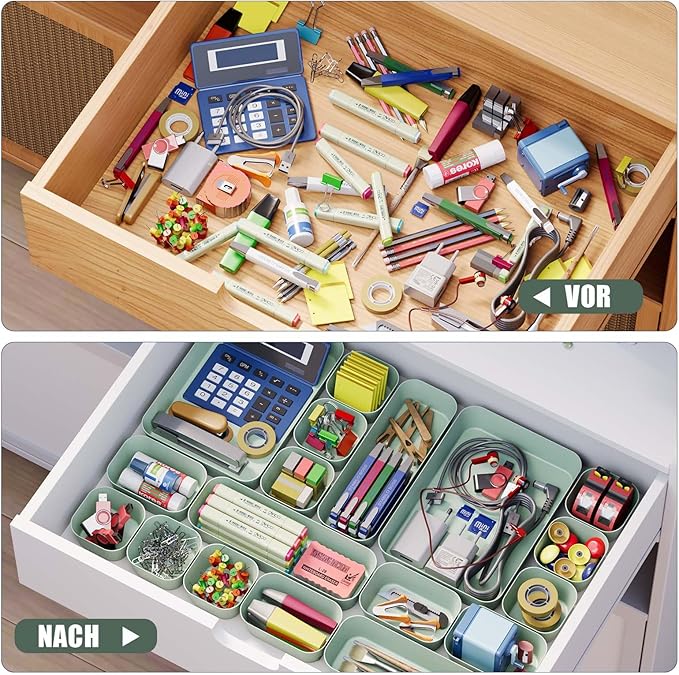 Plastic Drawer Organizers, 18 PCS Drawer Organizer Bins, Bathroom and Vanity Organizer Plastic Tray, Makeup organizer and storage for Makeup, Bedroom, Kitchen Gadgets Utensils and Office (Green)