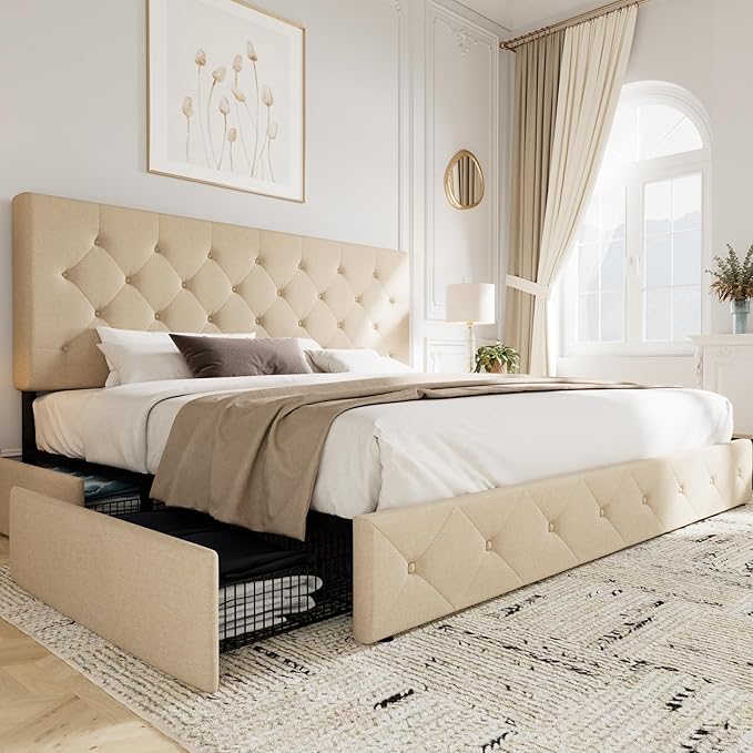 Allewie Upholstered King Size Platform Bed Frame with 4 Storage Drawers and Headboard, Diamond Stitched Button Tufted, Mattress Foundation with Wooden Slats Support, No Box Spring Needed, Beige
