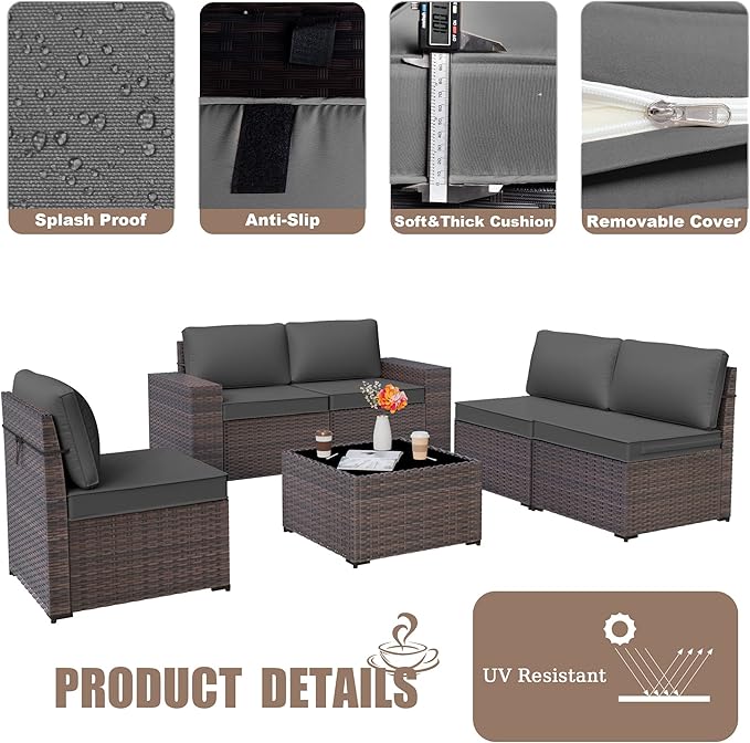 Kurapika 9 Pieces Patio Furniture Set, Rattan Sofa Set, Outdoor Conversation Sets w/Swivel Rocking Chairs Patio Sectional Sofa w/4 Inch Cushion, Grey