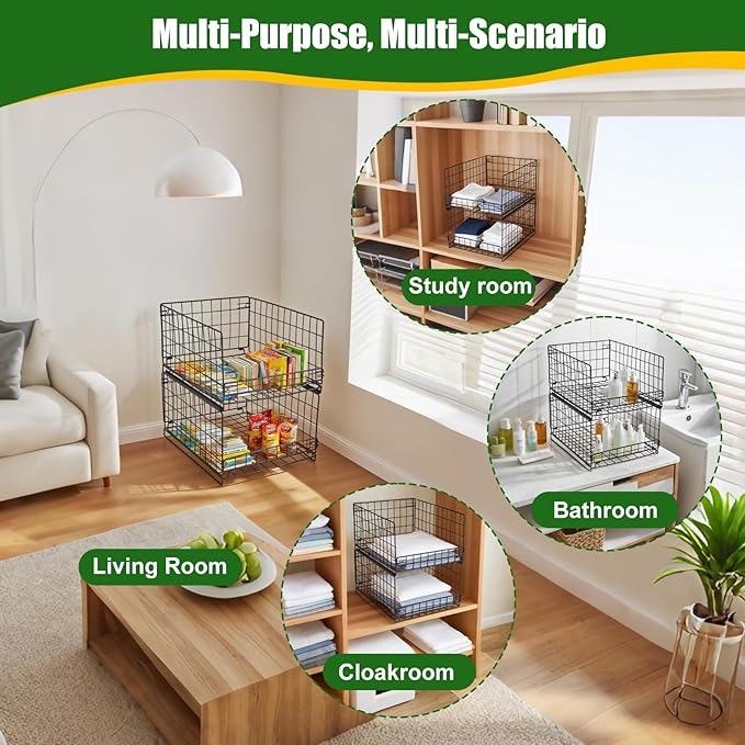 4-Tier Storage Basket, Stackable Closet Organizers, Foldable Closet Shelf Organizer System, Space-Saving, Snacks Books Clothing Towel Storage Drawer Organizer for Wardrobe Living Room Office - Black