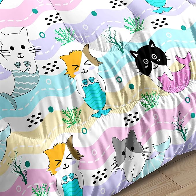 Cartoon Cat Comforter Set for Girls - Full Size Girls Bedding Set for Bedroom - Ultra Soft Warm Cute Mermaid Tail Cat Patterns - 1 Comforter with 2 Pillowcases