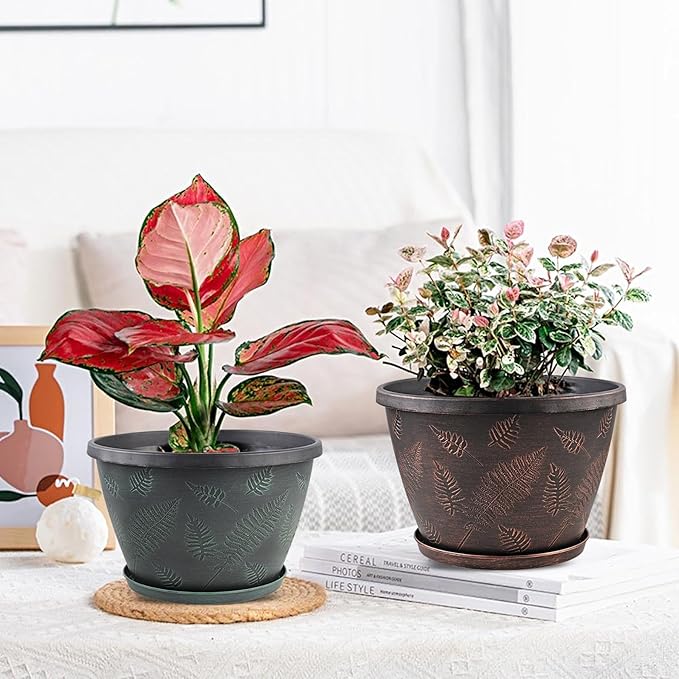 11 inch Plant Pot Set of 3, Plastic Flower Pots with Drainage Hole & Tray, Decorative Round Planters for Indoor Plants, Modern Outdoor Home Flowers Plants Garden Pots (Green)