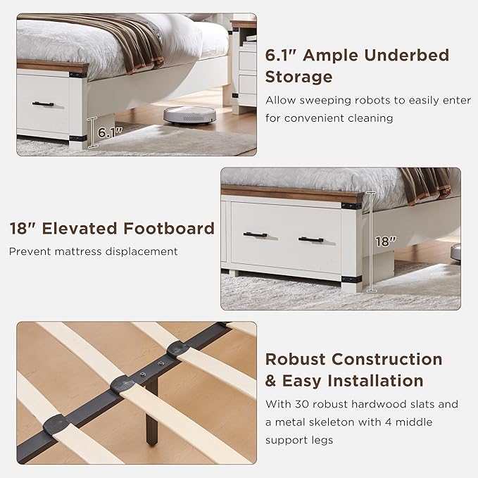 RedLemon Farmhouse King Size Bed Frame w/ 54" Tall Geometric Headboard, Rustic Wood Platform Bed w/ 2 Large Storage Drawers, Wood Slats Support, Noise Free, No Box Spring Needed, Antique White