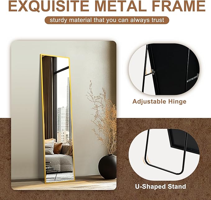 Delma Wall Mirror Full Length Mirror,Standing Mirror Full Body,Large Floor Mirror for Wall Door Bedroom Bathroom Living Room with Aluminium Frame(with Stand,Rect 56x15-Gold)